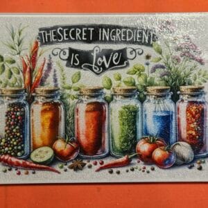 Herb Jar Kitchen Cutting Board – “Secret Ingredient Is Love”