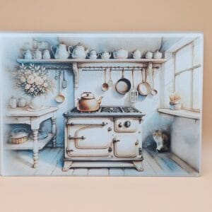 Old‑Fashioned Kitchen Scene Cutting Board – Rustic Glass Prep Board