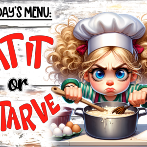 Cartoon Chef Cutting Board – “Eat It or Starve”