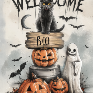 Black Cat & Ghost Halloween Garden Flag – “Welcome Boo”
